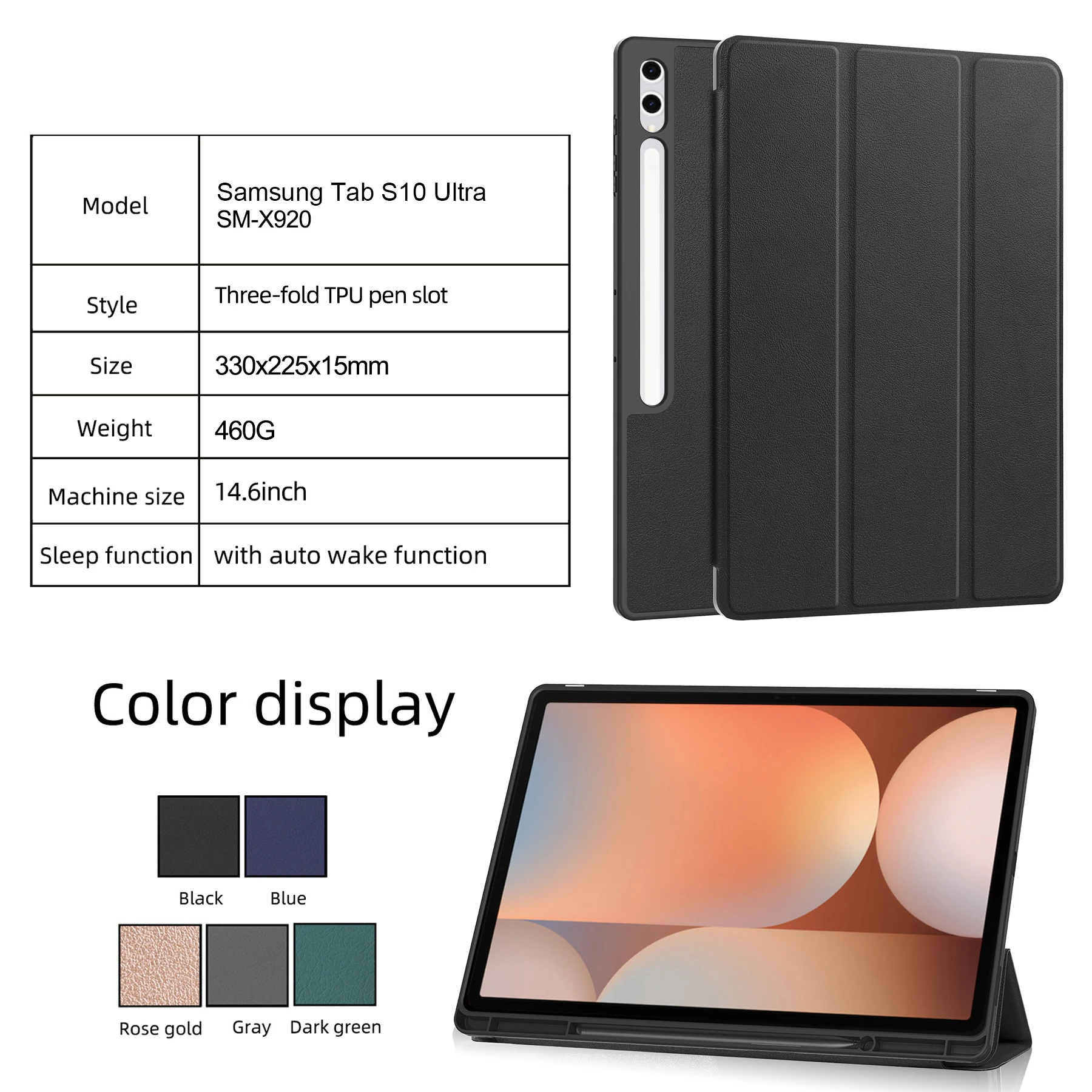 Fundas para Samsung Galaxy Tab S10 Ultra, carcasa trasera de TPU con soporte triplegable de 14,6 pulgadas, portalápices inteligente