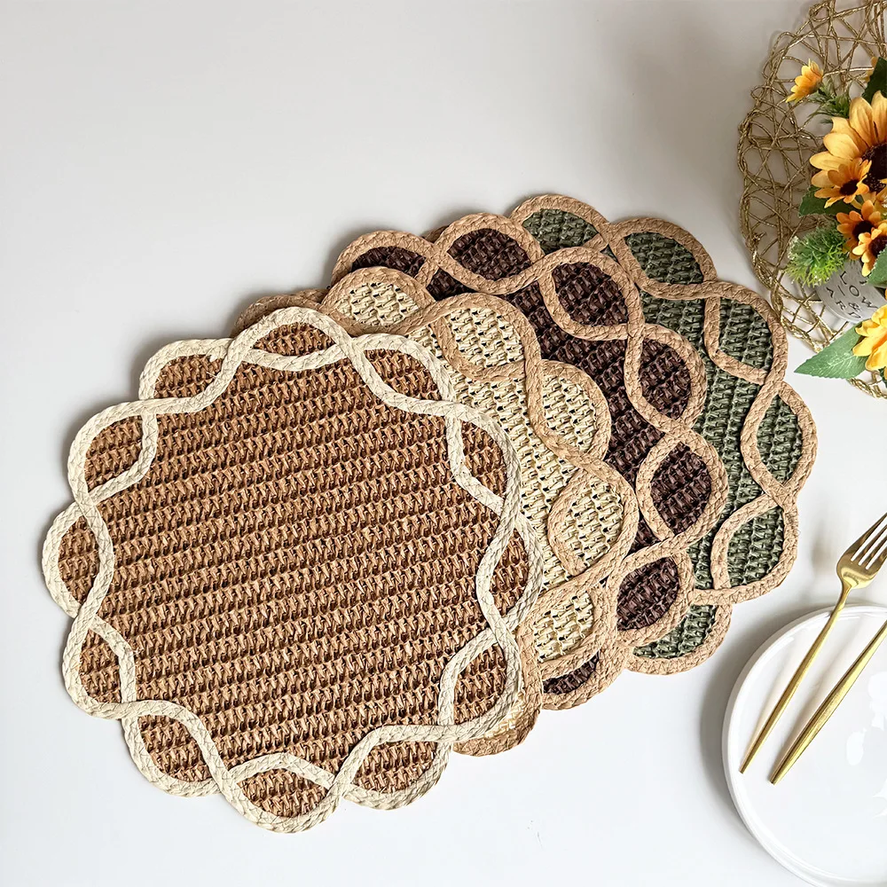 Hand Braided Paper Weave Floral Placemat Retro Scalloped Lace Border Heat Insulation Dining Table Mat for Home Table Decorative
