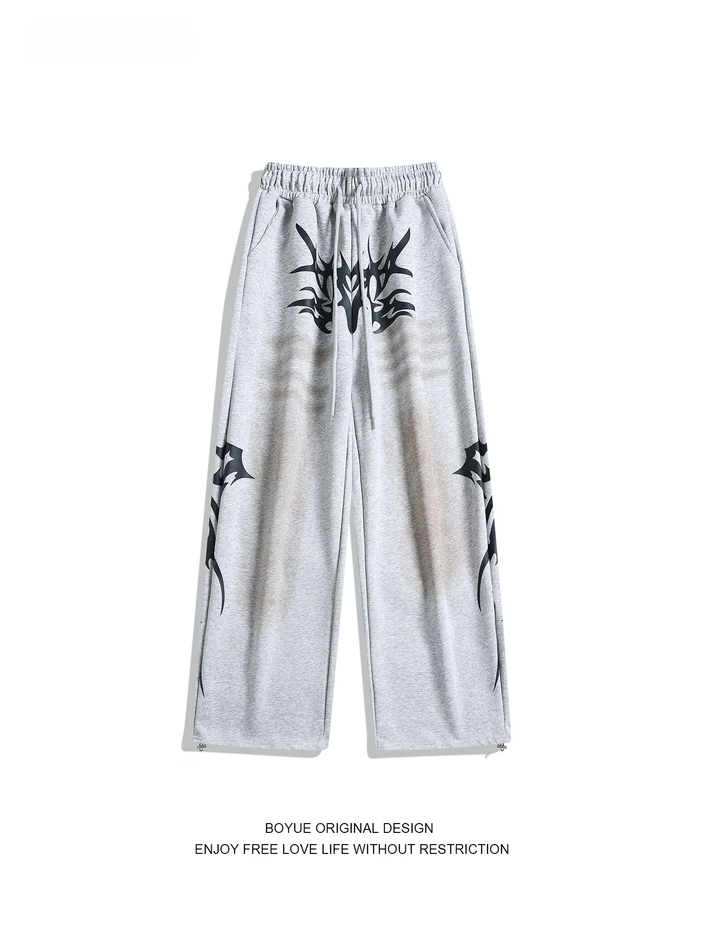 

Boyue American Retro Wide Leg Pants ex Loose Dstring High Street Sle Totem Print Casual Trousers Versatile Comfortable