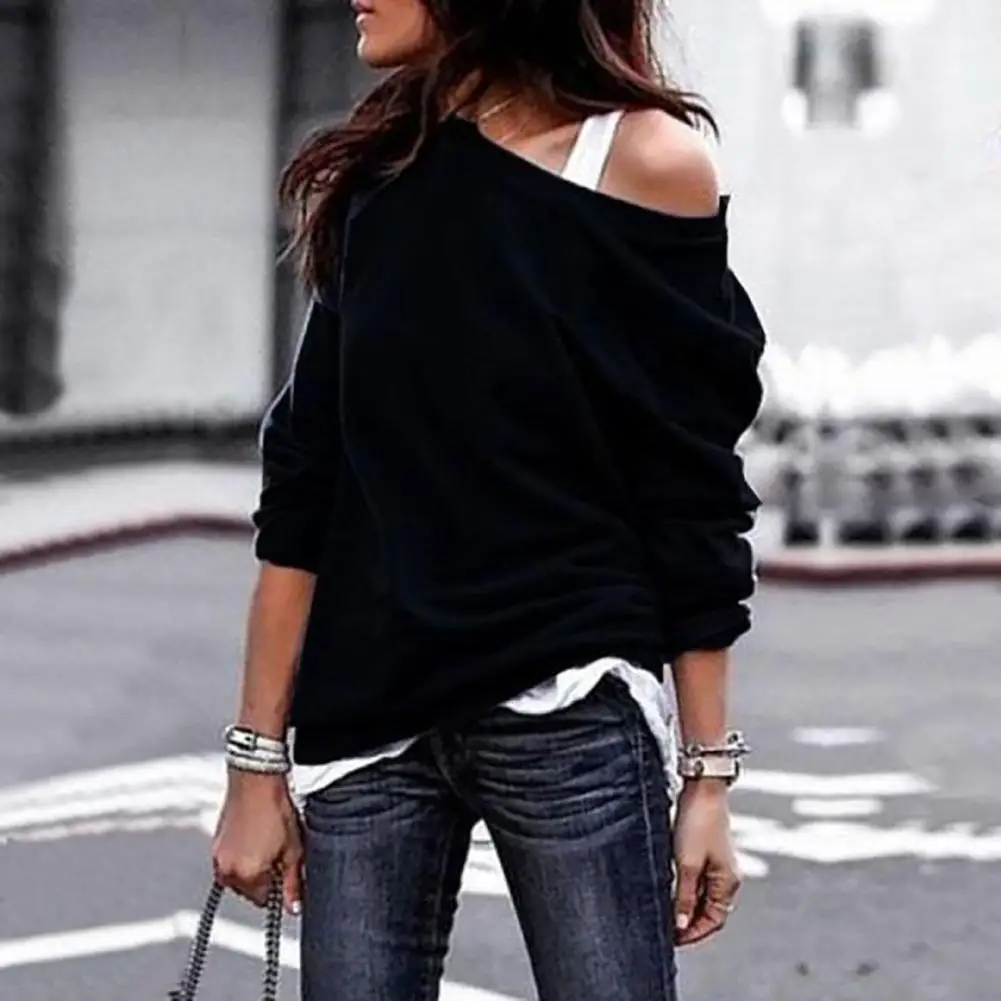 2022 Sexy Off Shoulder Women T-Shirt Autumn Long Sleeve Top Casual Solid Color T-Shirts Fashion One Shoulder Loose Warm Pullover