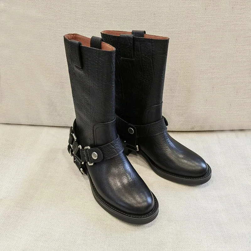 2026 Winter Women Shoes Genuine Leather Mid Calf Boots Round Toe Fashion Thick Heels Shoes Winter Retro Buckle Platform Boots