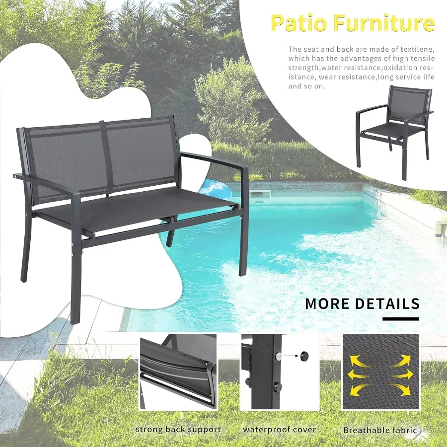 야외용 4피스 파티오 대화용 가구 세트(러브시트, 싱글 의자 2개, 유리 커피 테이블 포함)