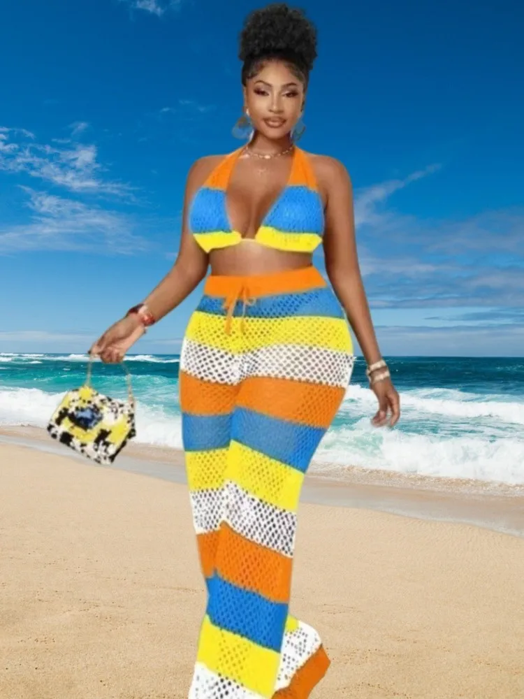 2025年女性用ビーチツーピースセットビキニカバーアップ水着トップスとハイウエストパンツセクシーレディース水着カバーアップ水着