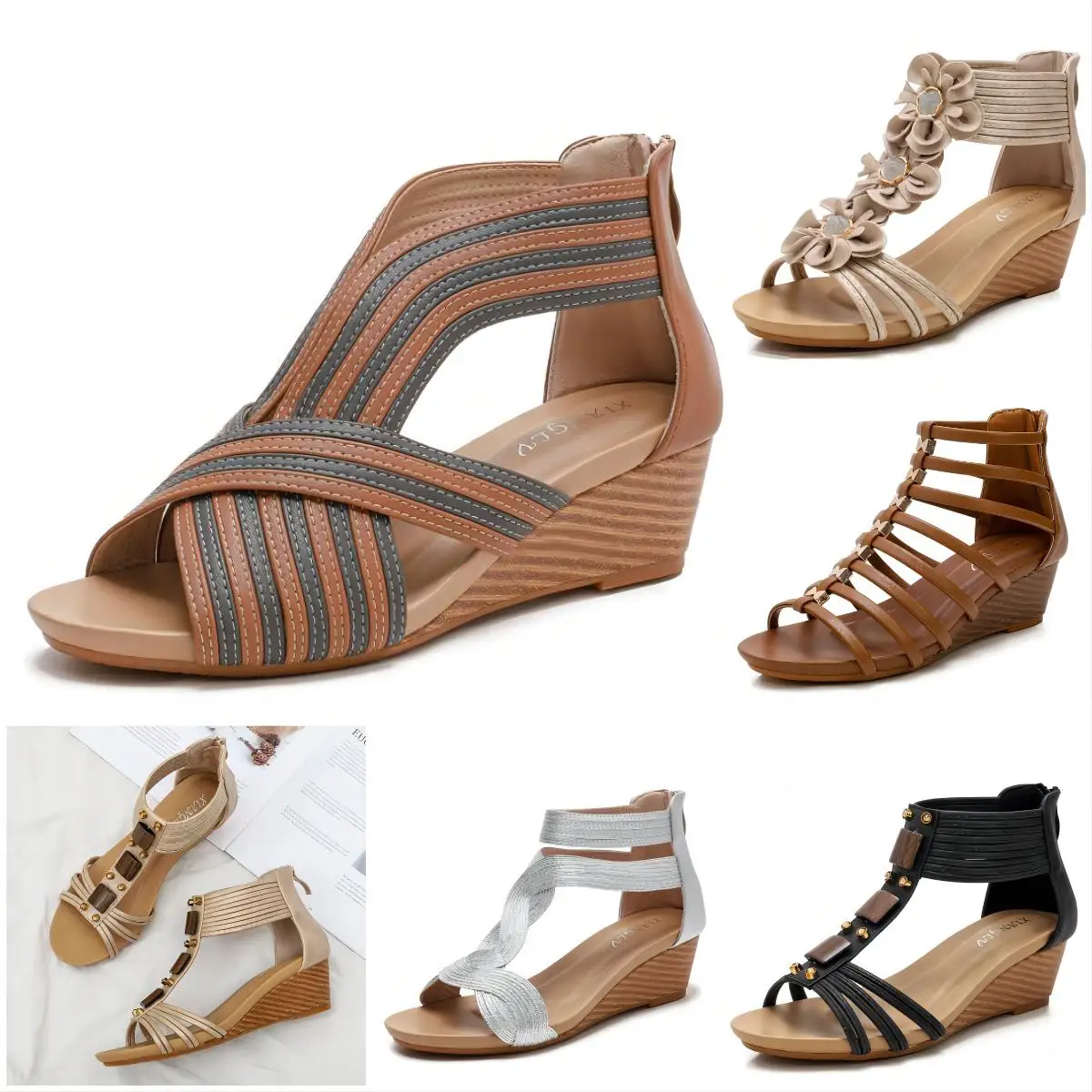 

Women's Bohemia Fish Mouth Wedge Sandals Platform Gladiator Shoes with Zipper Summer PU Jelly Shoes for Women Flat Sandals