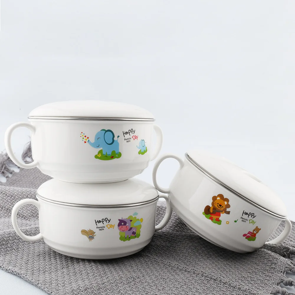 Baby Feeding Bowl 304 Stainless Steel Insulation Cartoon Children Tableware Cartoon Printed Baby Food Supplement Bowl 350ML