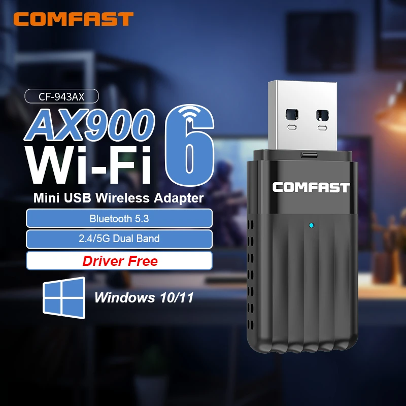 

Comfast AX900 BT5.3 2,4G/5Ghz Bluetooth WiFi 6 USB-адаптер 900 Мбит/с Беспроводной адаптер с бесплатным накопителем Wi-Fi-приемник для ПК Win 10/11