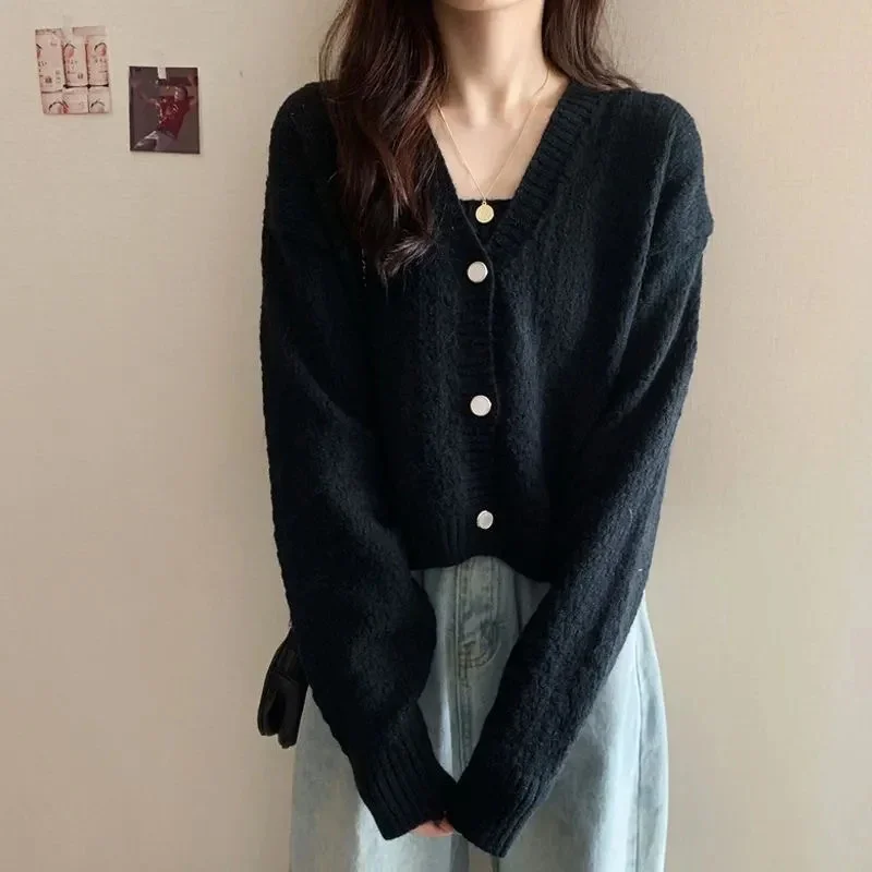 Autumn Knitted Two Piece Sets Women Korean Elegant All Match Cropped Cardigan Vest Fashion Button V Neck Long Sleeve Sweater