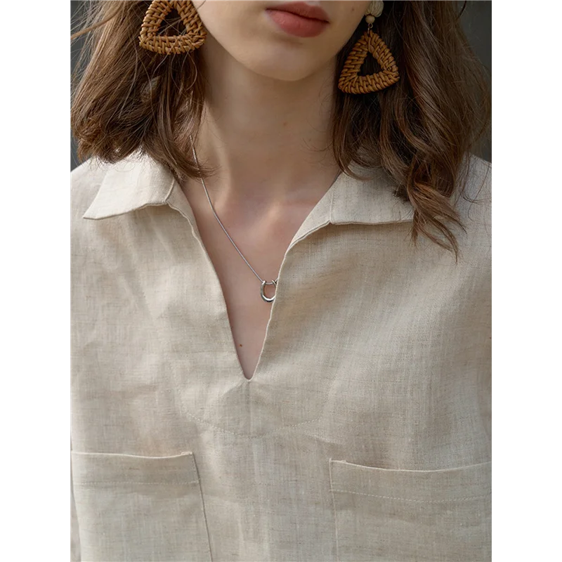 

AG-Womens V-Neck Shirts Short Sleeve Casual Tops Solid Lapel Blouse Shirt Double Pockets