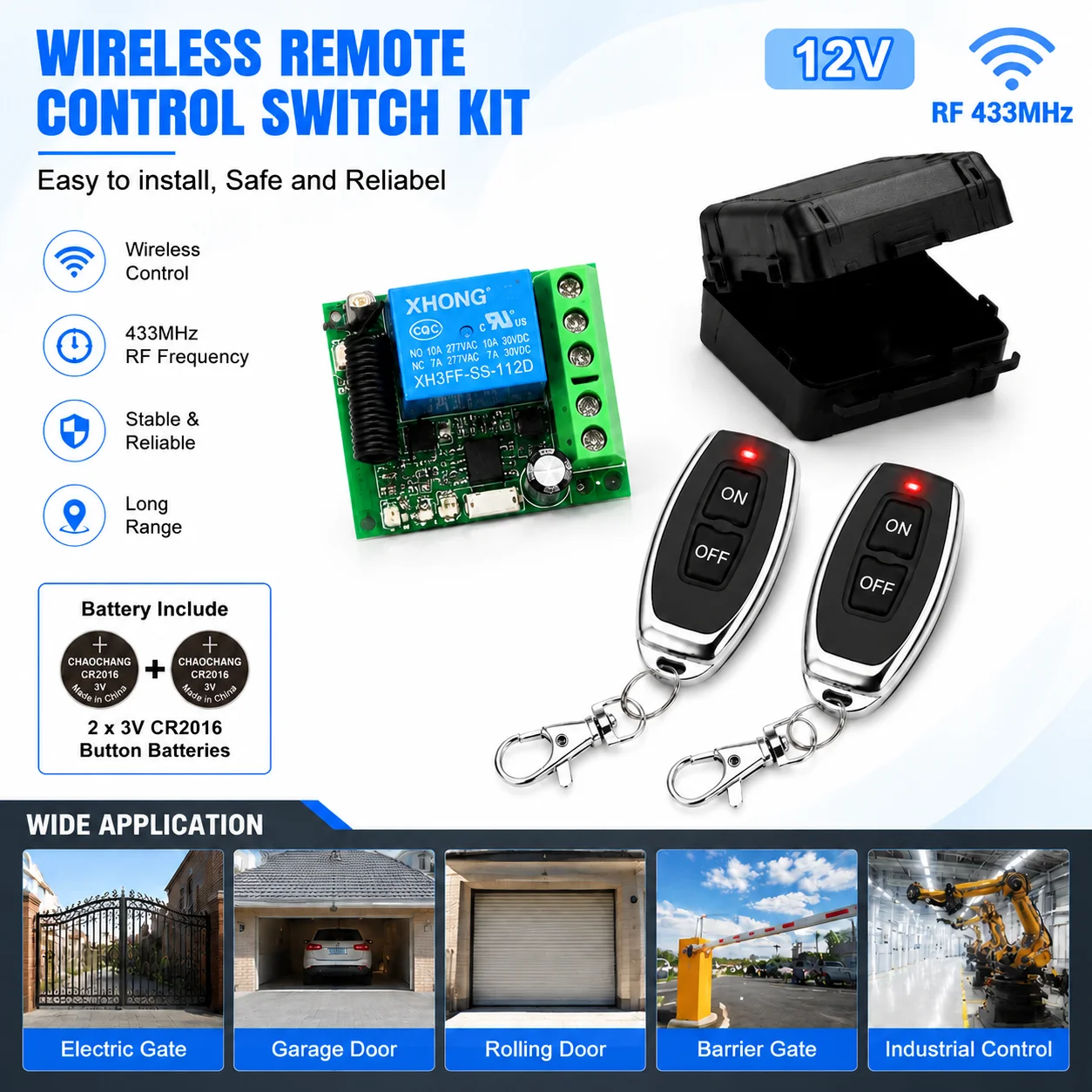 DC 12V 433MHz Remote Control Wireless Switch 1 CH RF Relay Receiver and ON OFF Transmitter for LED Door Electromagnetic Lock