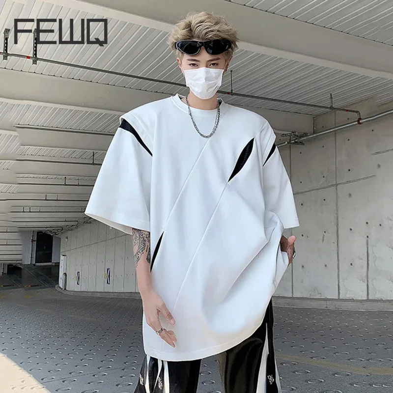 

FEWQ Male Tops New Splice Shoulder Pad Short Sleeve T-shirt Patchwork Round Neck Casual Korean Fashion Contrast Color 24X9159