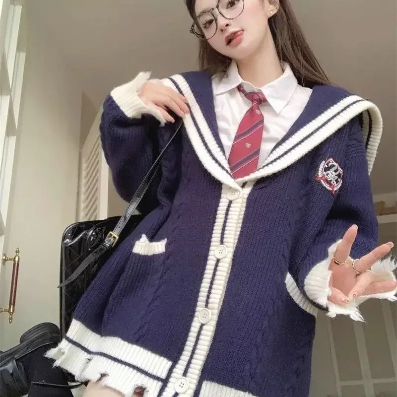 Preppy Style Sweater Cardigan Women Students Autumn and Winter New Design Hole Loose Navy Collar Knitted Tops Female