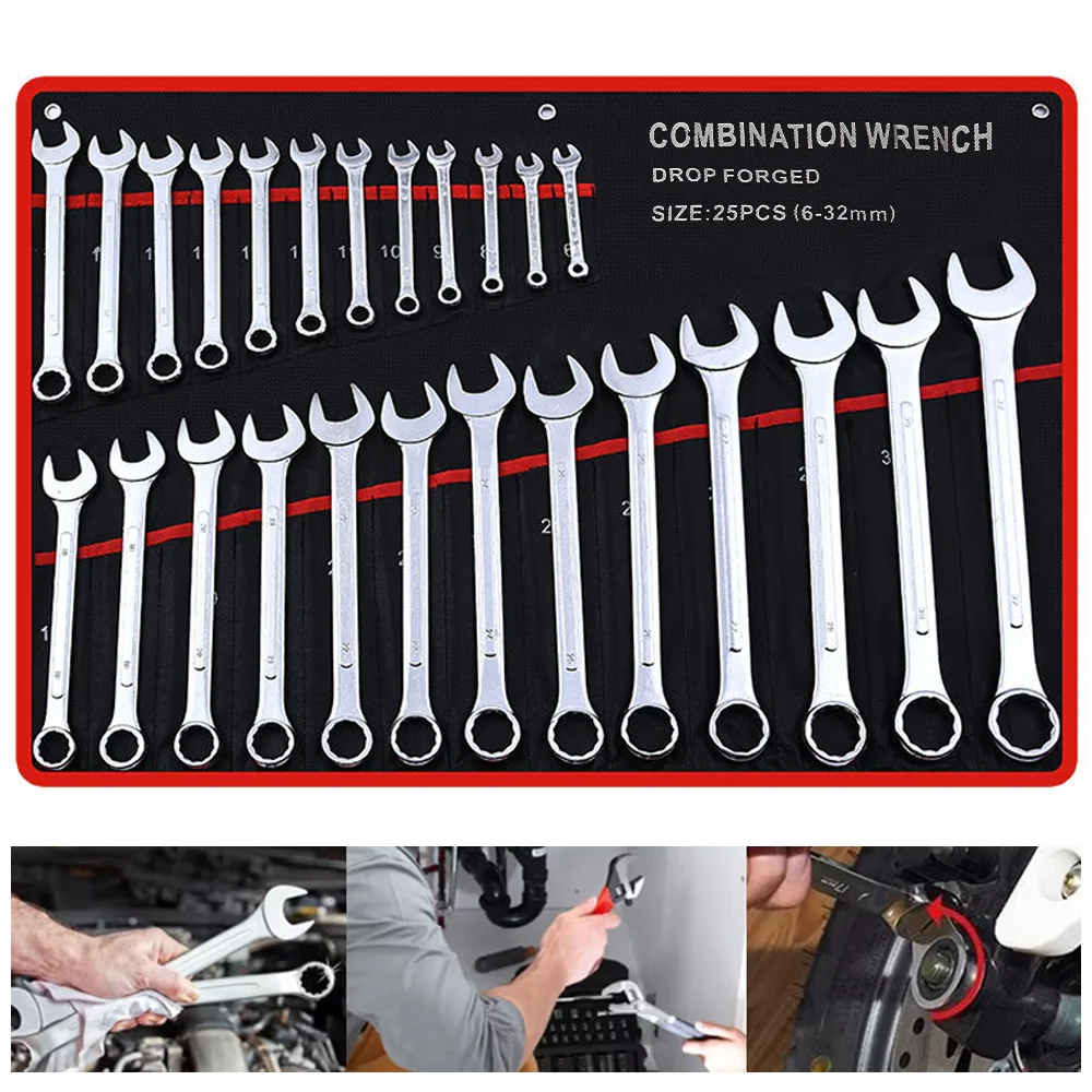25 pz Set di chiavi ultrasottili 6-32mm Chiave in acciaio al carbonio Kit di chiavi combinate a cricchetto metrico con borsa Strumenti di manutenzione auto