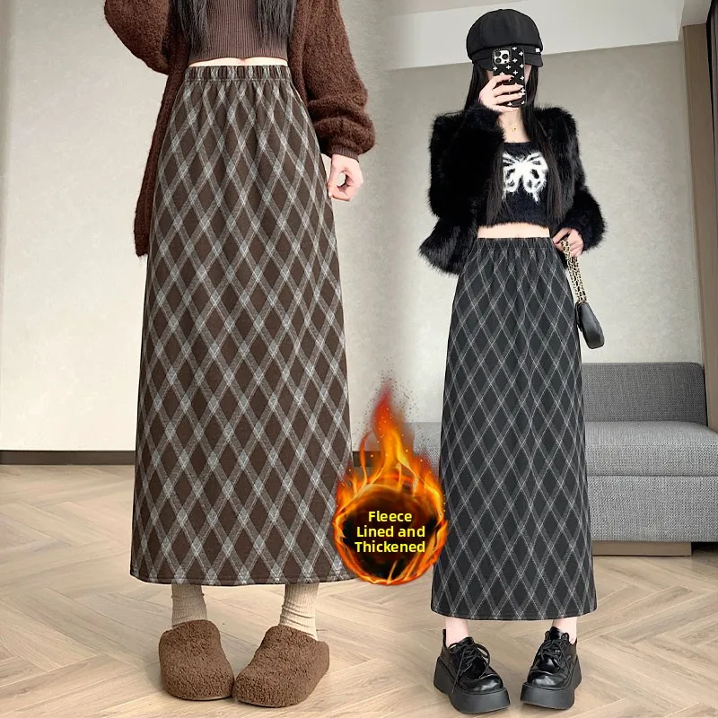 الكورية Sle منقوشة Fce اصطف ثي عالية الخصر التخسيس ميدي مستقيم أنبوب تنورة الخريف الشتاء المرأة الدافئة ألياف البوليستر