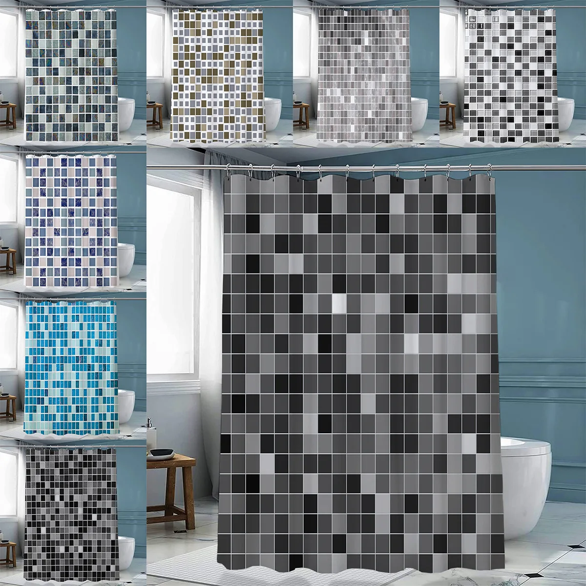 3D Mosaic Printed Bathroom Curtains Polyester Cloth Bath Curtain Modern Geometric Plaid Waterproof Shower Curtain With 12 Hooks