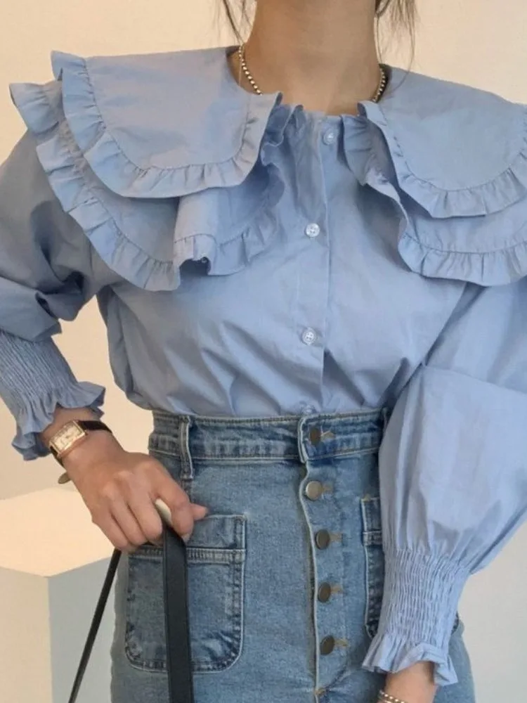 

Chic Loose Long Sve Babydoll Collar Single Button Women's irt Versatile Autumn Anti-Aging Double Layered Faion Top