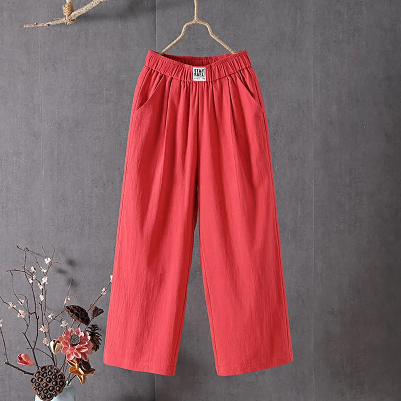 Sommerliche, lockere Freizeithose für Damen, bequem, atmungsaktiv, elastische Taille, weites Bein, einfarbig, vielseitig kombinierbar, Baumwoll-Leinen-Hose – Detail 6