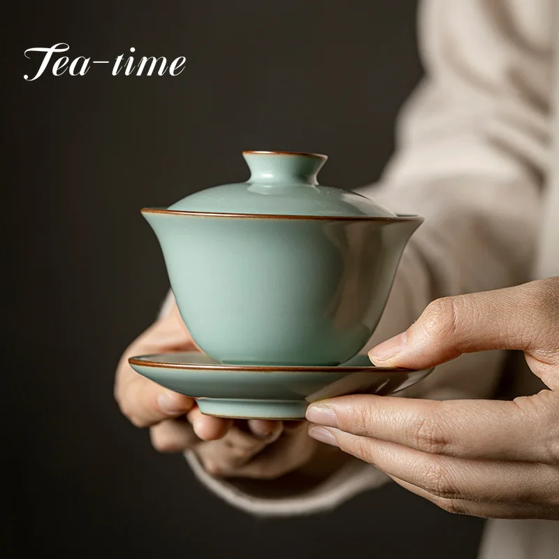 

120ml Retro Azure Porcelain Tea Tureen Ru Kiln Sancai Cover Bowl Household Tea Maker Cup Saucer Can Raise Kungfu Teaset Gift Box