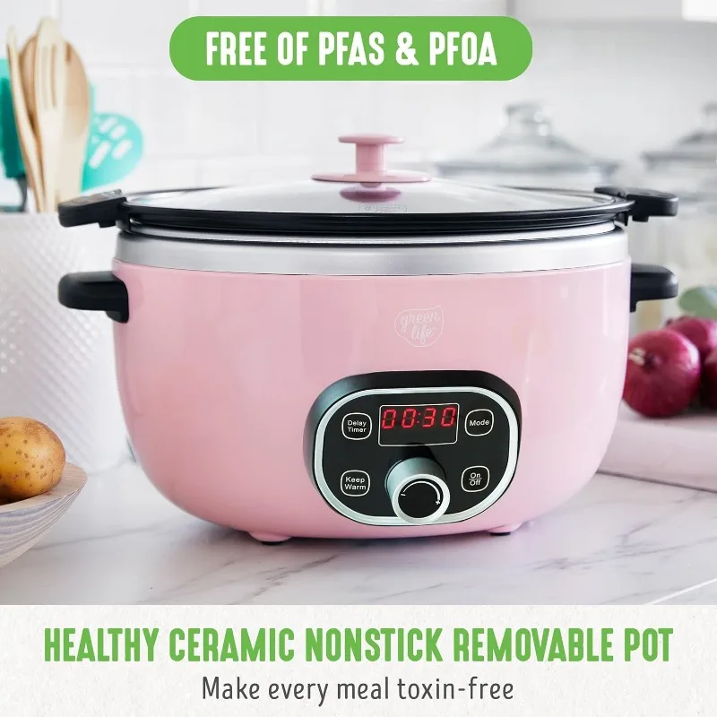 Ceramic Nonstick Programmable 6 Quart Slow Cooker,PFAS-Free, Removable Lid and Pot,Digital Timer,Adjustable Temperature Control