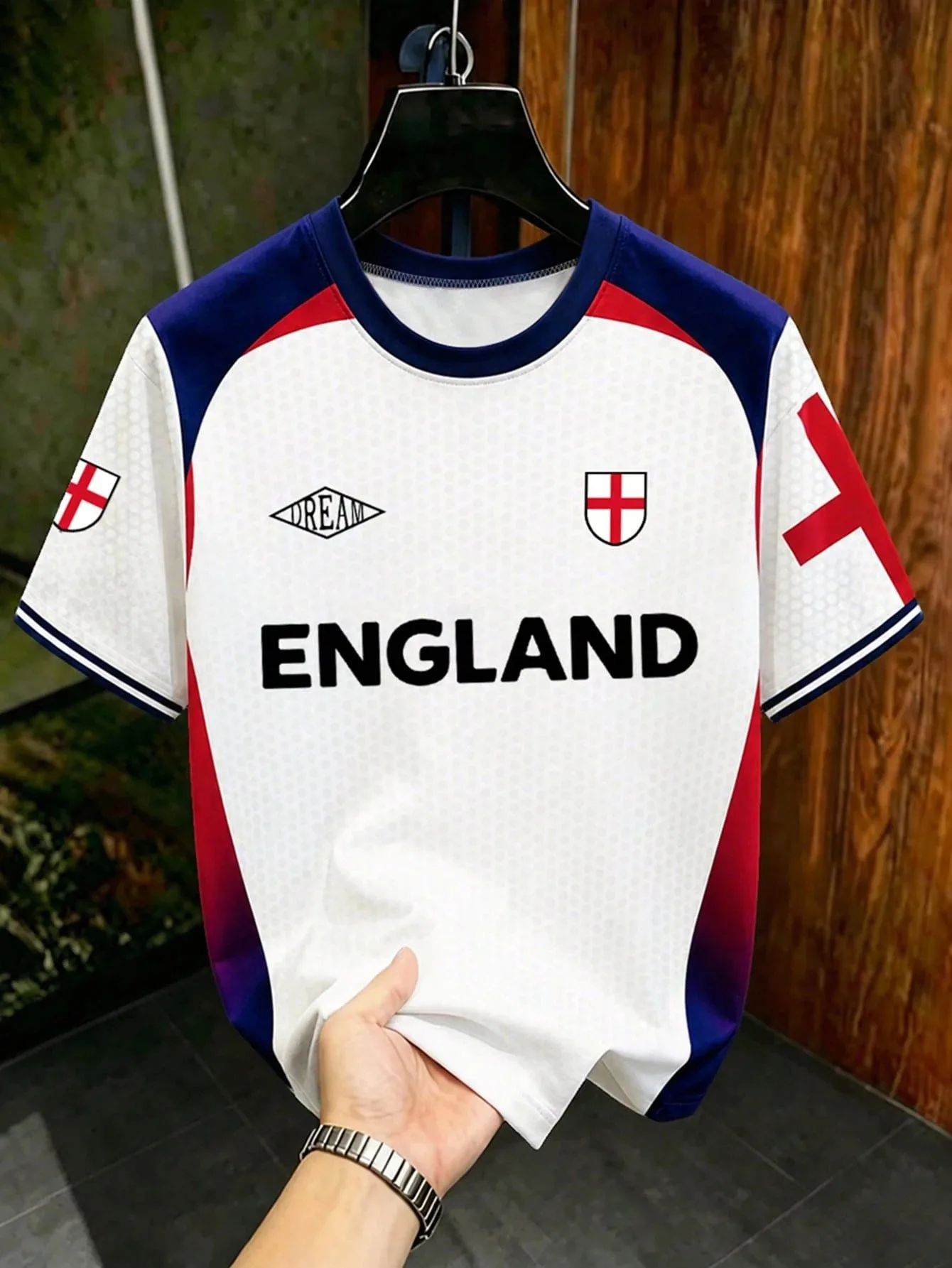 Men England Color Block Football Jersey Short Sleeve Crew Neck Sports Fan T Shirt