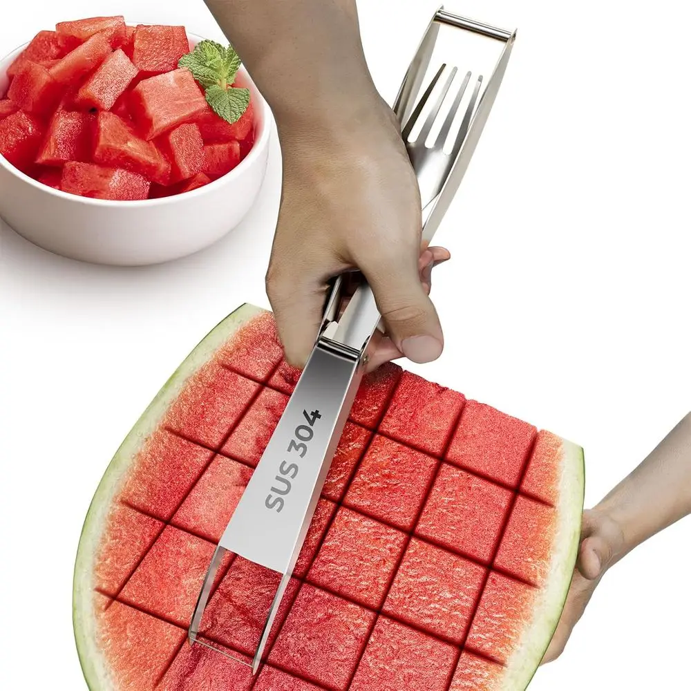 Dual-Function Stainless Steel Watermelon and Fruit Slicer with Retractable Fork for Home, Party, and Outdoor Use