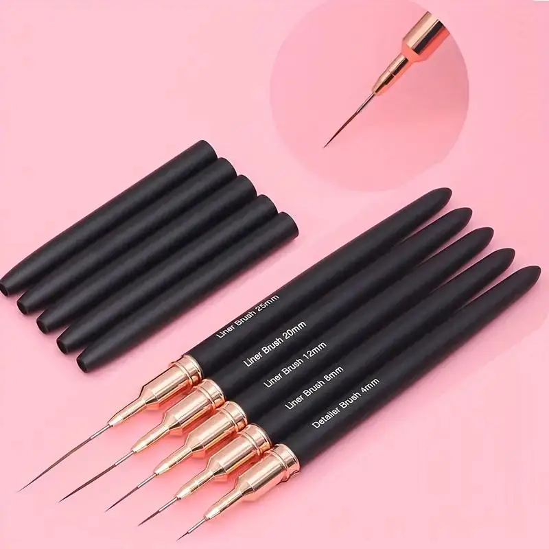 5 Black Nail Art Brushes Set, Detail Striping Brush, Fine Line Pen, Floral Painting, Uv Gel Nail Polish Painting, Nail Art Tools, Sizes 4/8/12/20/25mm