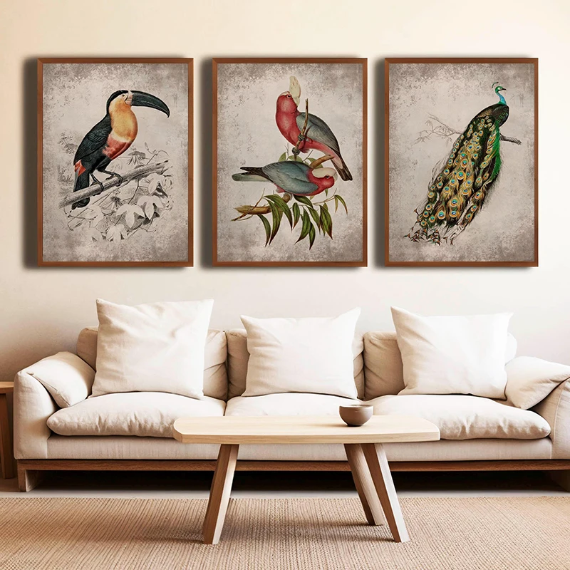 Vintage Toucan Peacock Bicheno Parakeet Canvas Painting Bird Bees and Rose Flower Posters Prints Wall Art Picture Home Decor