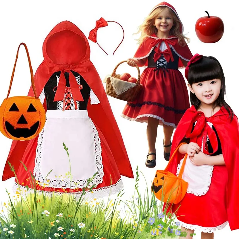 Girls Fairy‑Tale Red‑Hood Style Performance Costume Set Cape with Candy Bag Kids Outfit for Halloween Theme‑Ball Stage Cosplay