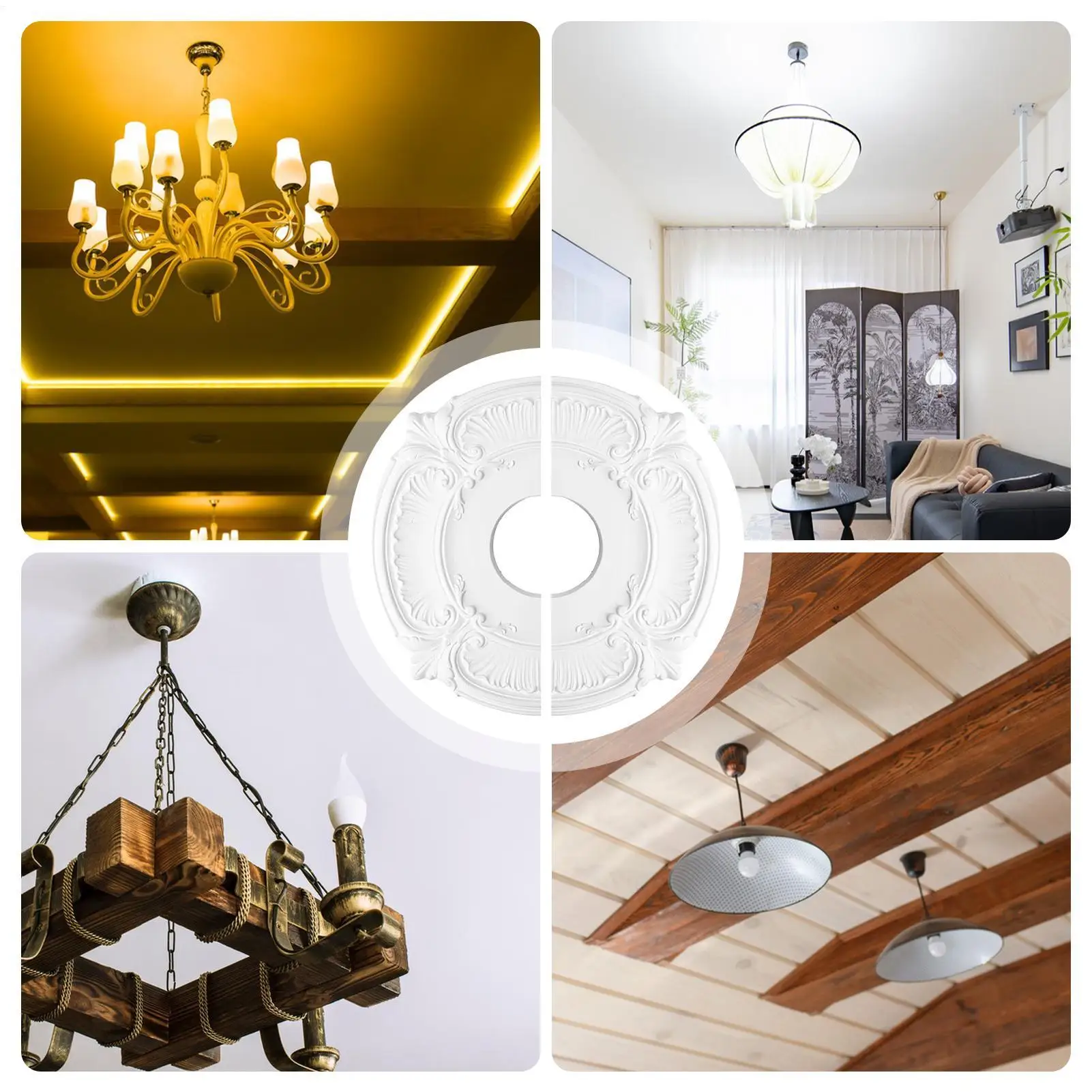 1Pair Split Ceiling Medallion Home Ceiling Decorative Panel PU Decorative Ceiling Fan Light Fixtures Covers For Room School