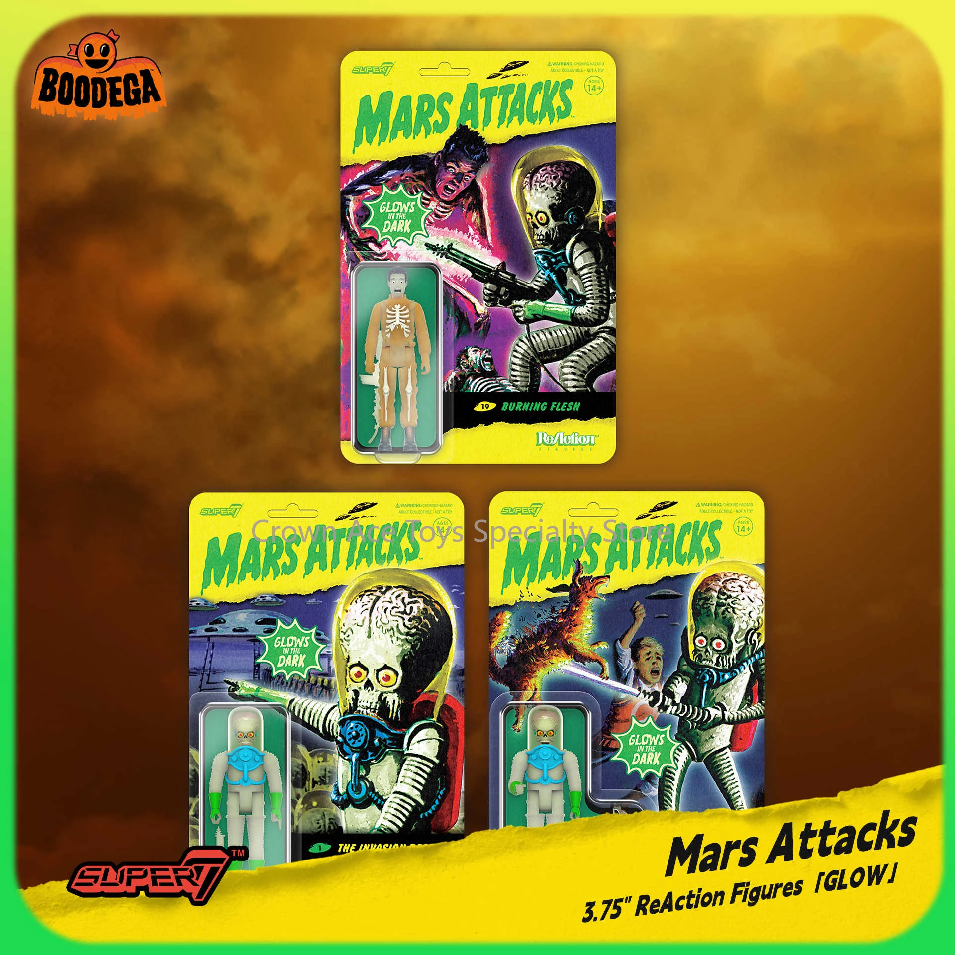 In Stock Super7 Mars Attacks Destroying A Dog The Invasion Begins Luminous Version Hanging Card 3.75in Collectible Desktop Toys