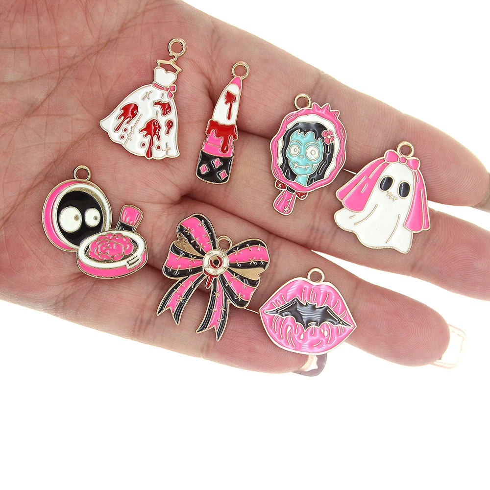 10pcs/lot Halloween Enamel Charms Cute Ghost Mirror Bow Cosmetics Lipstick Pendants for DIY Jewelry Making New XL1841