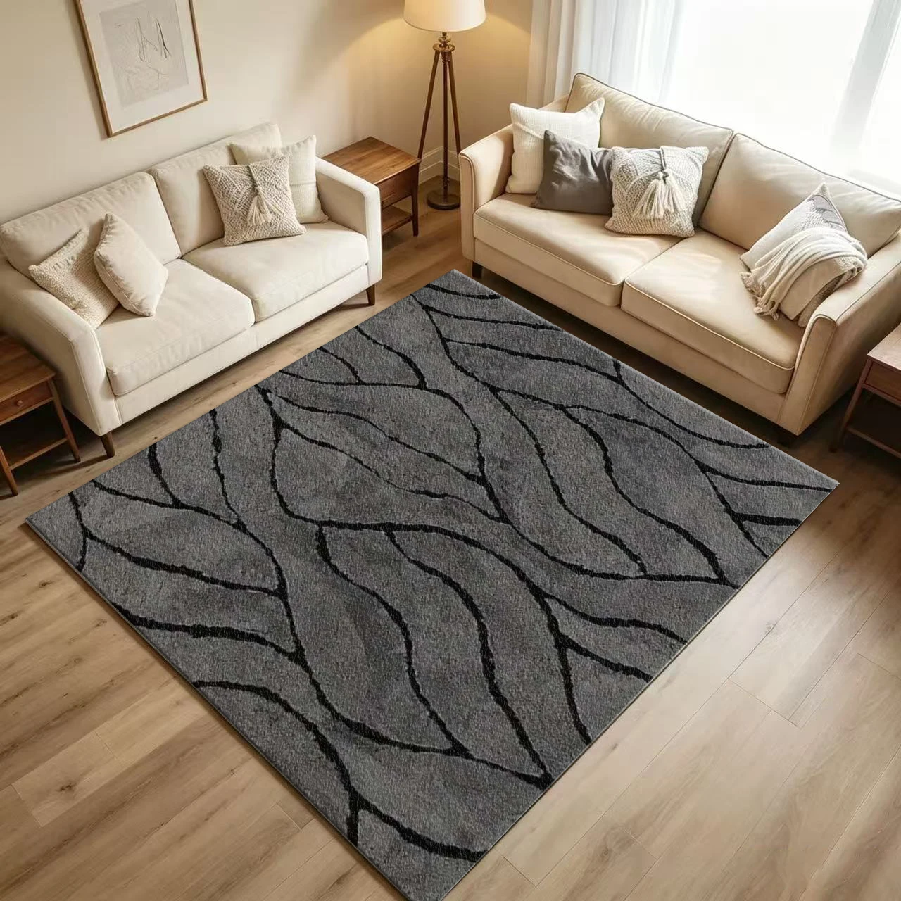 Modern Abstract Wavy Leaf Area Rug Dark Grey Black Geometric Floor Carpet for Living Room Bedroom Office Home Decoration
