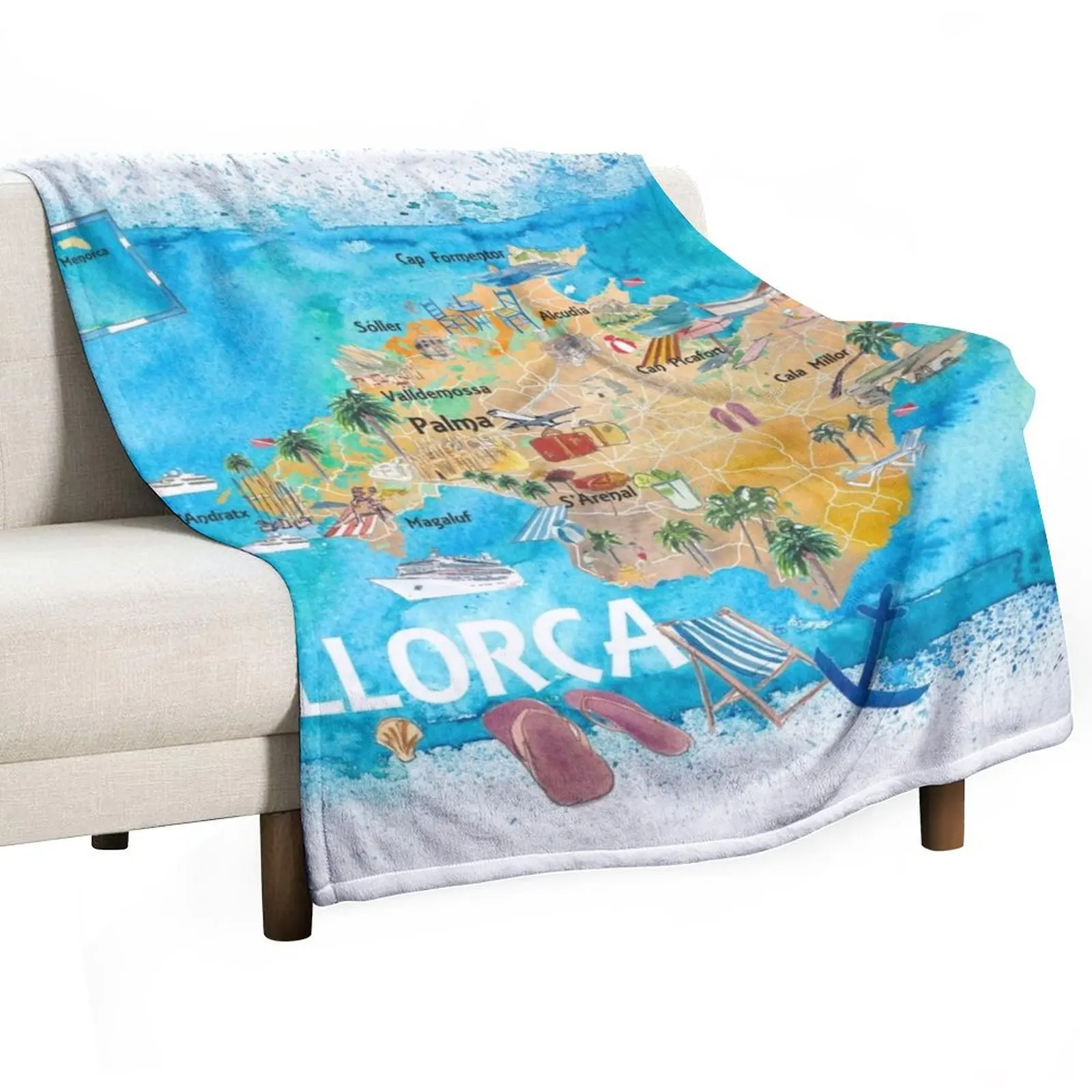 Mallorca Spain Illustrated Map with Landmarks and Highlights Throw Blanket Stuffeds Large Blankets