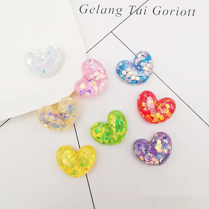 10Pcs Colour Sequin Iove Heart Resin DIY Shoes Hat Icebox Barrette Mobile Phone Case Scrapbook Cream Glue Flat Back Resin