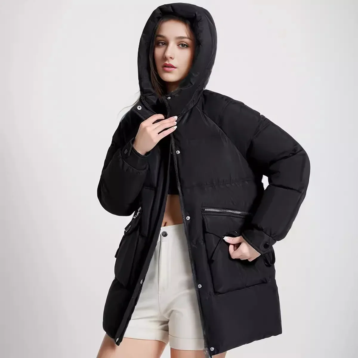 2024 New Women's Winter Puffer Down Cotton Jacket Solid Color Padded Jacket Long Hooded Stylish Pockets Loose Padded Warm Coat