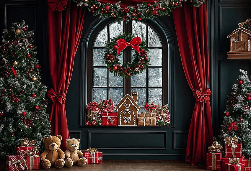 Mehofond Photography Backdrop Arched Window Red Curtain Family Festival Christmas Wreath Gingerbread House Bear Decor Background