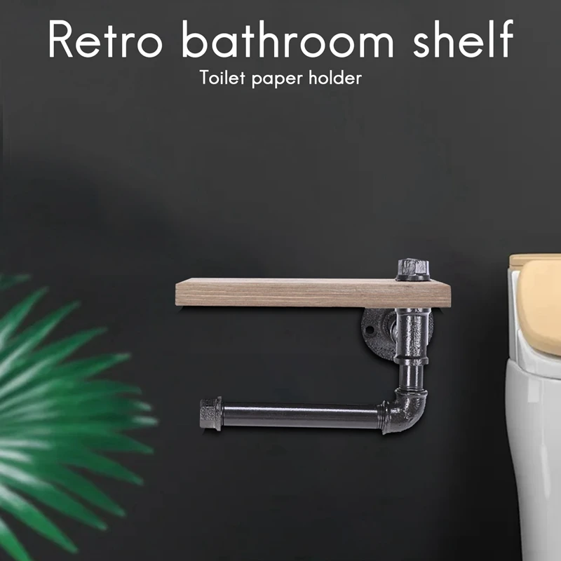 Toilet Roll Holder Multifunction Retro-Styled Iron Pipe Wall Mount Paper Towel Rack With Wooden Storage Shelf Retro Bathroom Rac