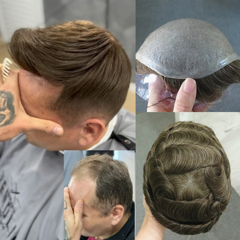 #610 Chestnut Brown Human Hair Replacement System 0.02-0.03mm Super Thin Skin Men Toupee Natural Hairline Capillary Prosthesis