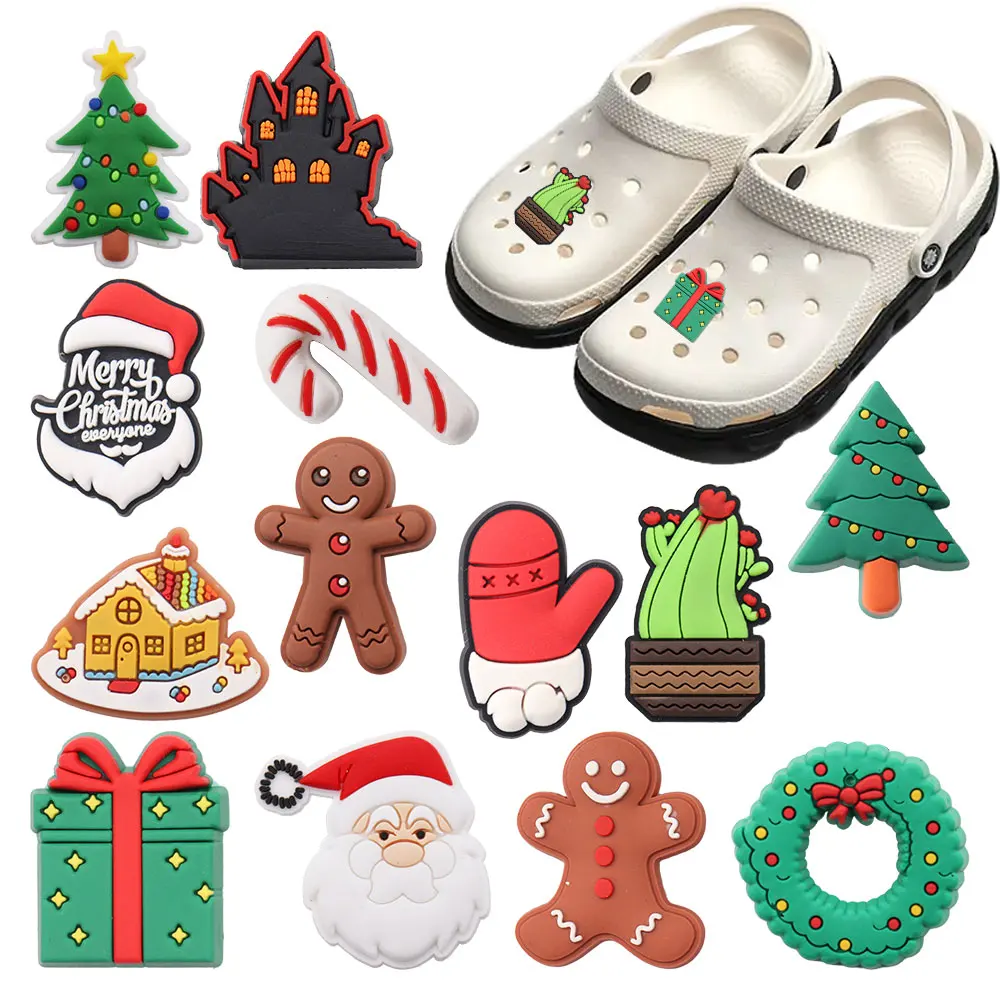 1-13PCS Cartoon Kawaii Cactus Cabin Santa Claus Gifts Gingerbread Man PVC Shoe Charms Hole Slipper Decoration Shoe Accessories