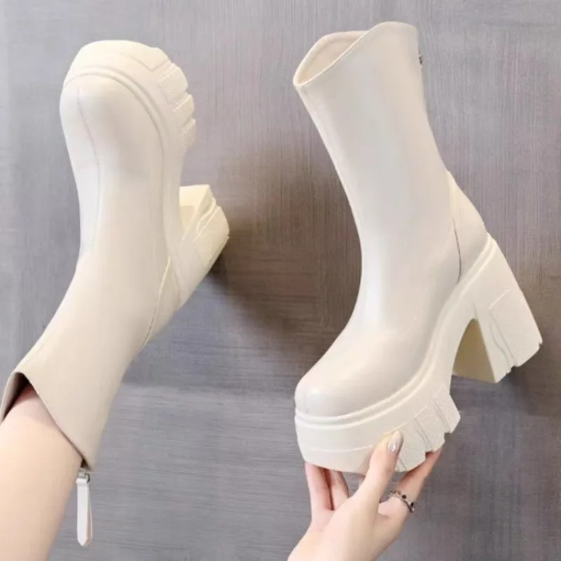 Retro Ladies Platform Chelsea Boots Back Zipper Square Toe Ultra Thick Chunky Heel Height Increasing Casual Daily Booties