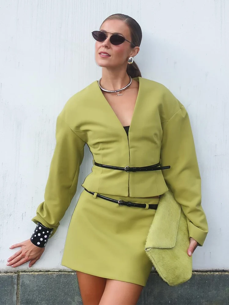 TRAFZA Elegant Women Green Skirt Suit V-Neck Belt Slim Long Sleeved Short Coat Top+Casual High Waist Side Zip Mini Skirt Mujer