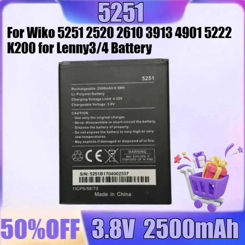 

New 5251 3.8V 2500mAh High Quality Battery for Wiko 5251 2520 2610 3913 4901 5222 K200 for Lenny3/4 Battery