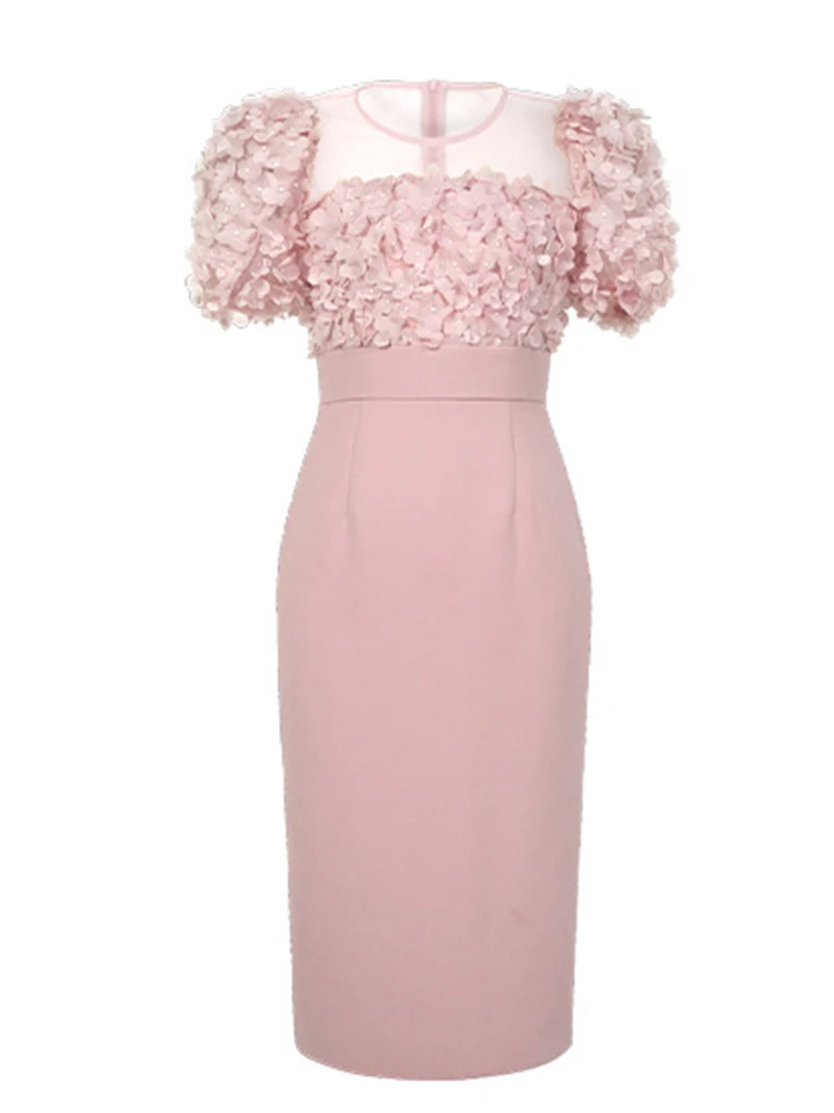 Vestido formal francês elegante para mulheres, lindo, flores rosa, malha transparente, midi, festa de aniversário, festival de música