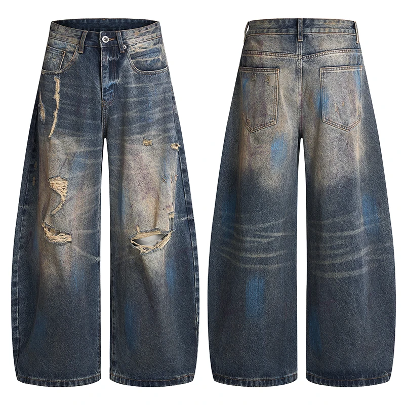 

Мужские джинсы в стиле хип-хоп, свободные, широкие, с эффектом потертости, рваные, модные, в стиле Wasteland