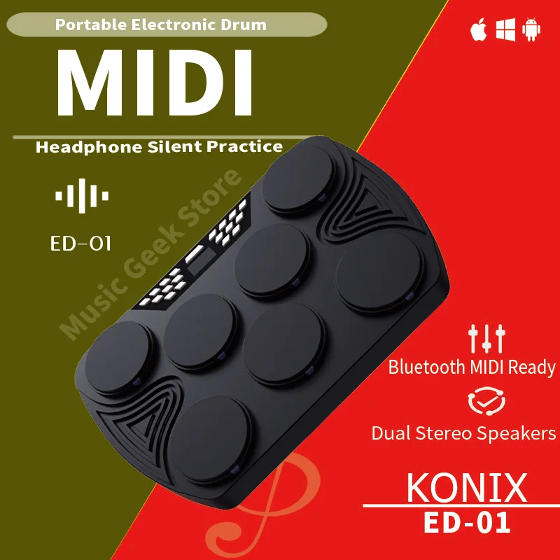 KONIX ED01 Portable Drum – Velocity Pads, BT MIDI, Dual Speakers, LED Lights, USB Charging, 2-in-1 Modes, Silent Practice