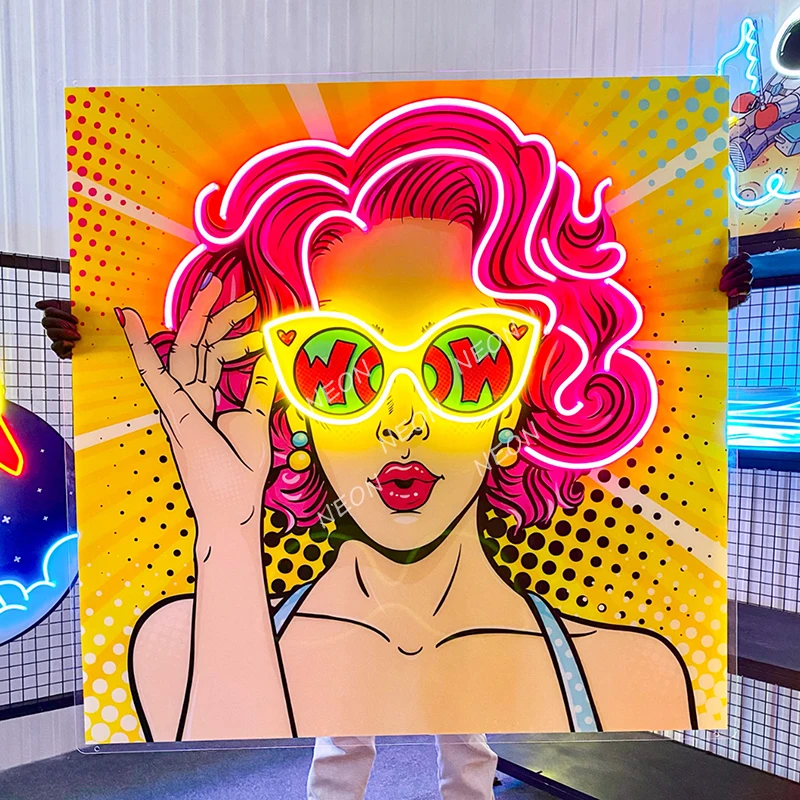 Imagem -02 - Mulheres Face Led Neon Signs Wow Lady Pop Art Sinais de Quarto Sala de Estar Decor Arte Acrílica Home Wall Art Luzes Led