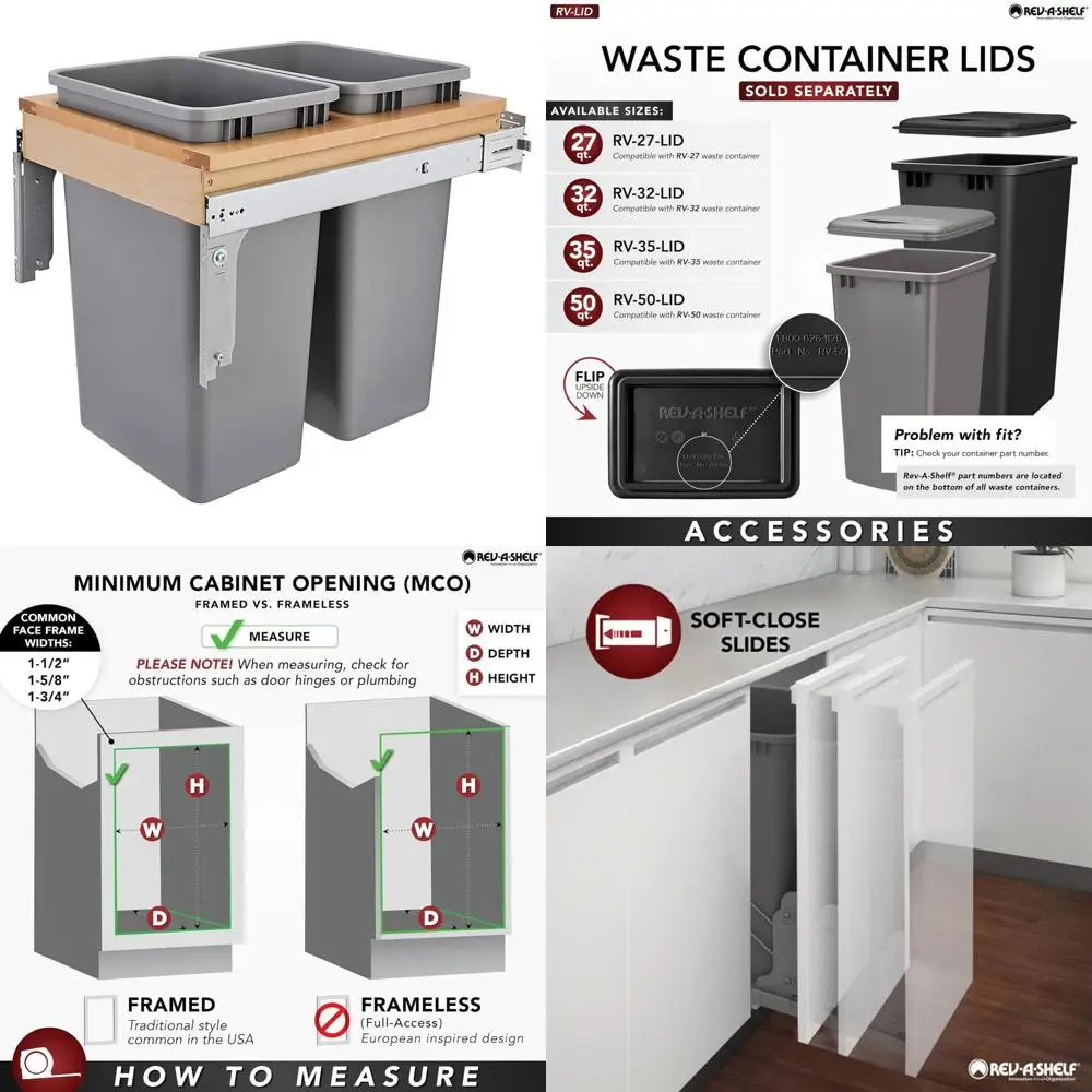 Double Pullout Kitchen Trash Cans 50 Quart Capacity with Soft-Close Feature for Full Height Cabinet, Supports 150 Pounds