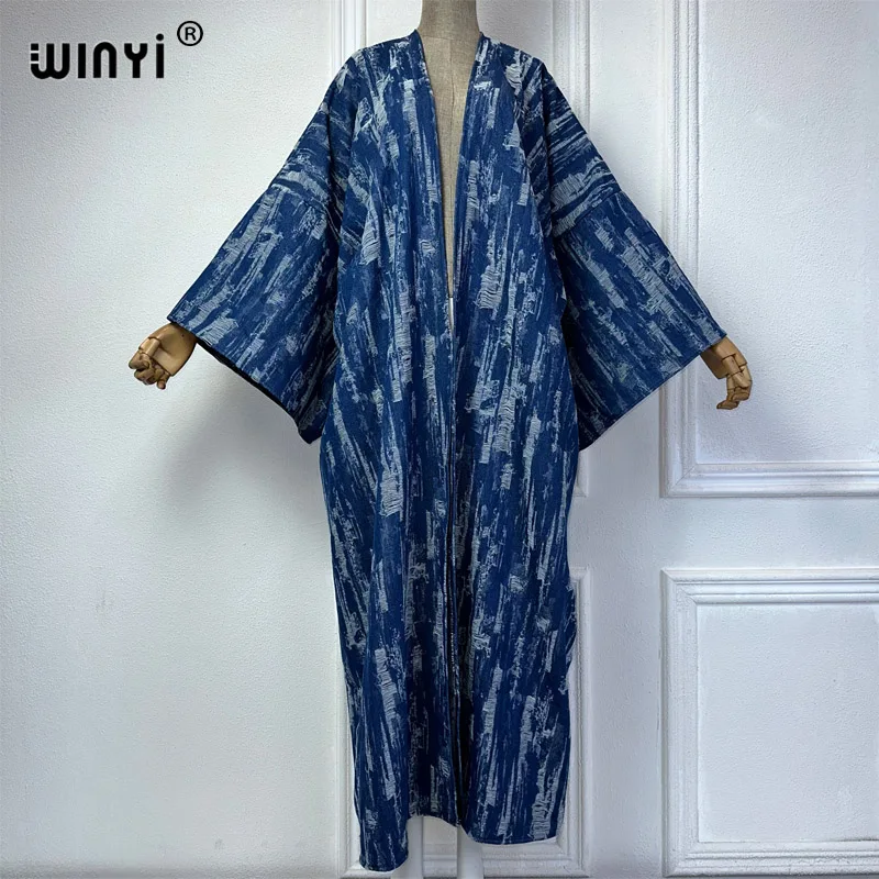 Winyi Kimono Maak Een Oud Denim Vest Vrouwen Lange Down Jas Maxi Jurk Elegant Feest Vakantie Zwemkleding