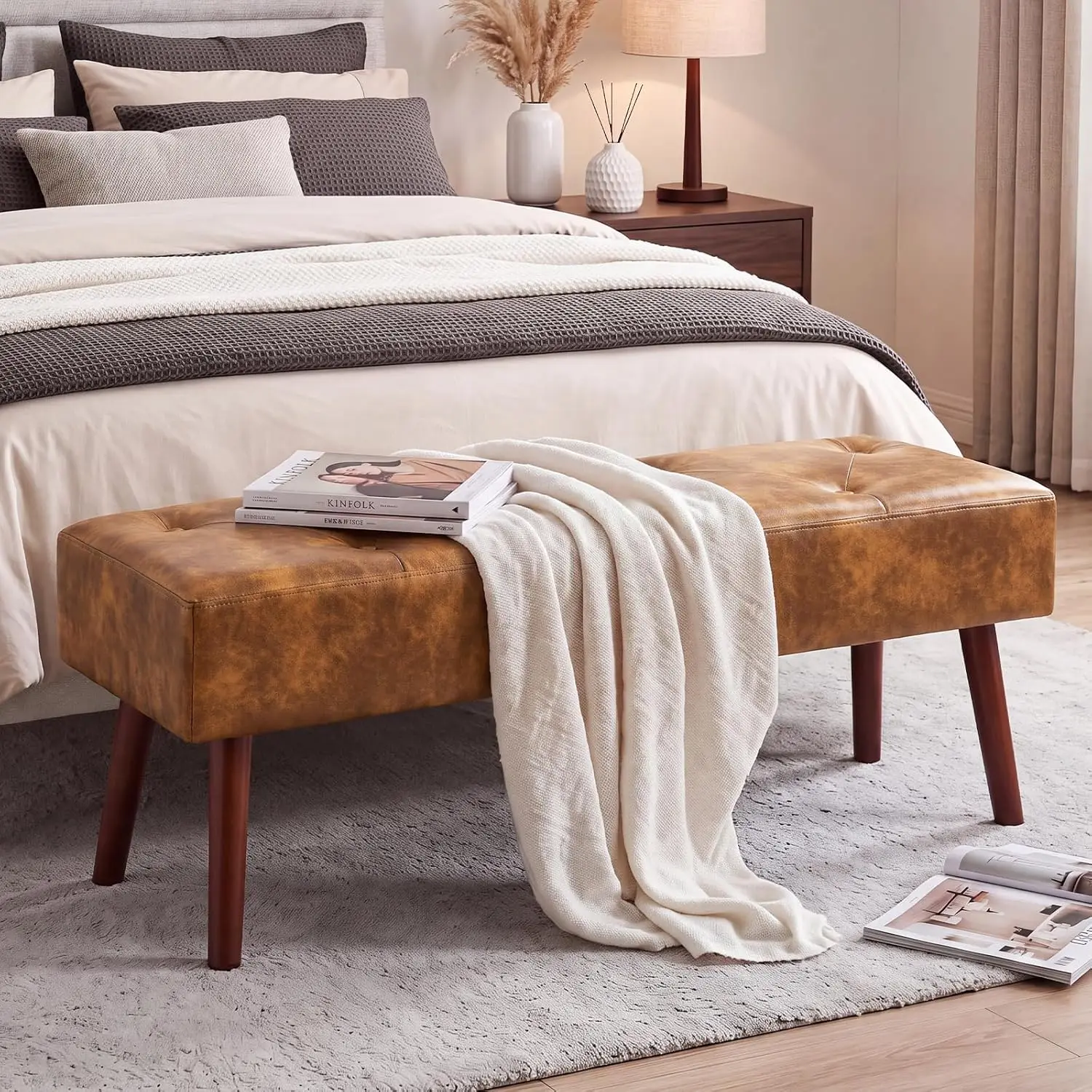44 Inch Tufted Leather Bench, Leather Footrest Stool Bedroom Bench Seat, Upholstered Tufted Beathable Fabrics Ottoman Bench