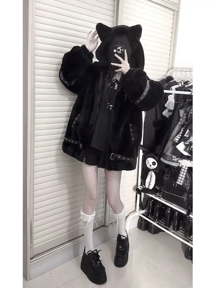 Japanese Kawaii Coat Long Sleeve Women Casual Solid Color Rabbit Ears Punk Harajuku Sweatshirt Sweet Zipper Hoodie Autumn Tops