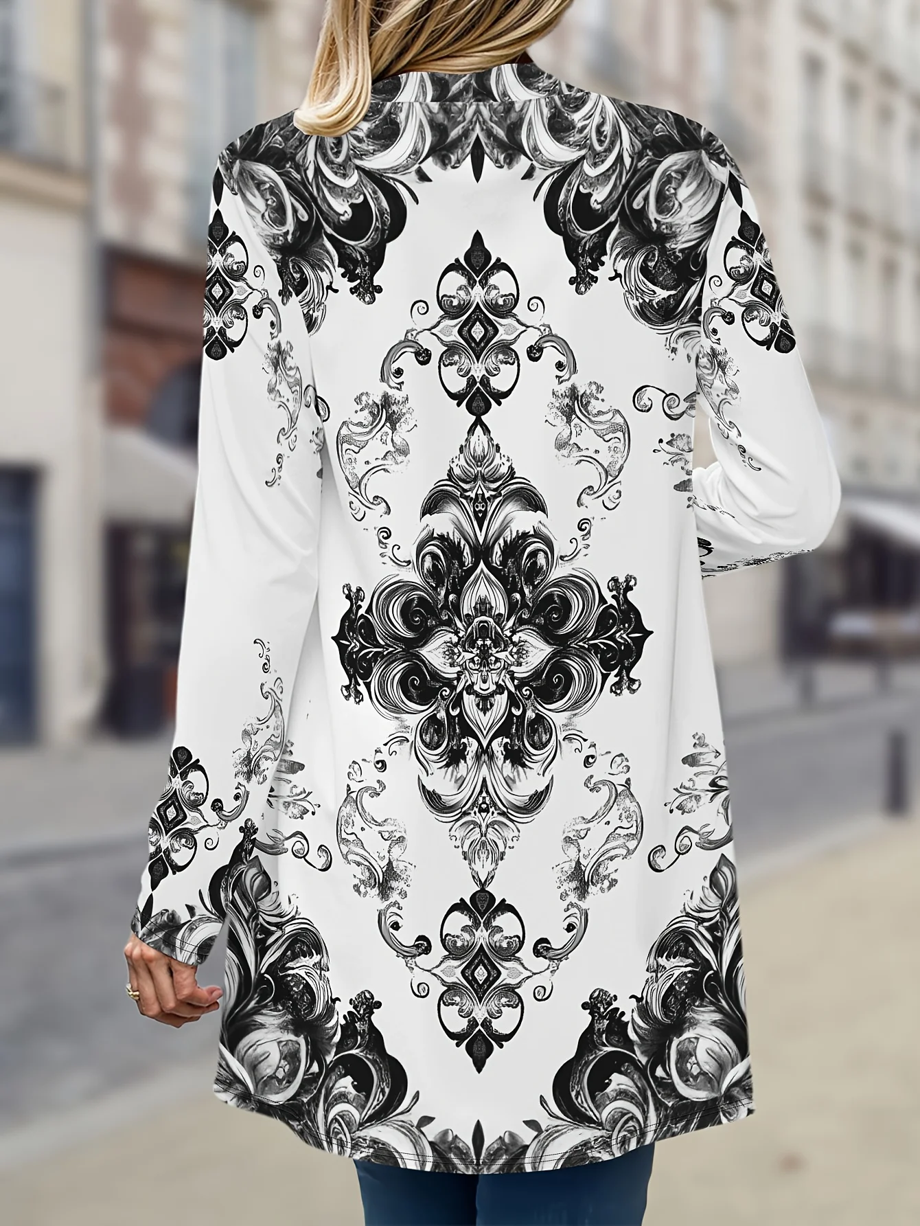

Women's 3D Floral Lapel Jacket, Black White Baroque Pattern, Machine Washable Design, Elegant Formal Casual Wear